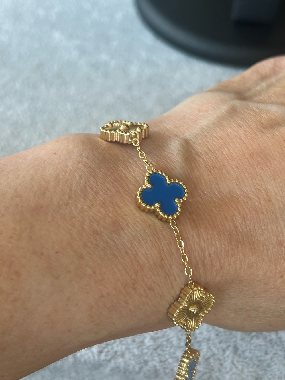 Source Unknown Gold-Plated Bracelet with Blue Clover Enamel Accents